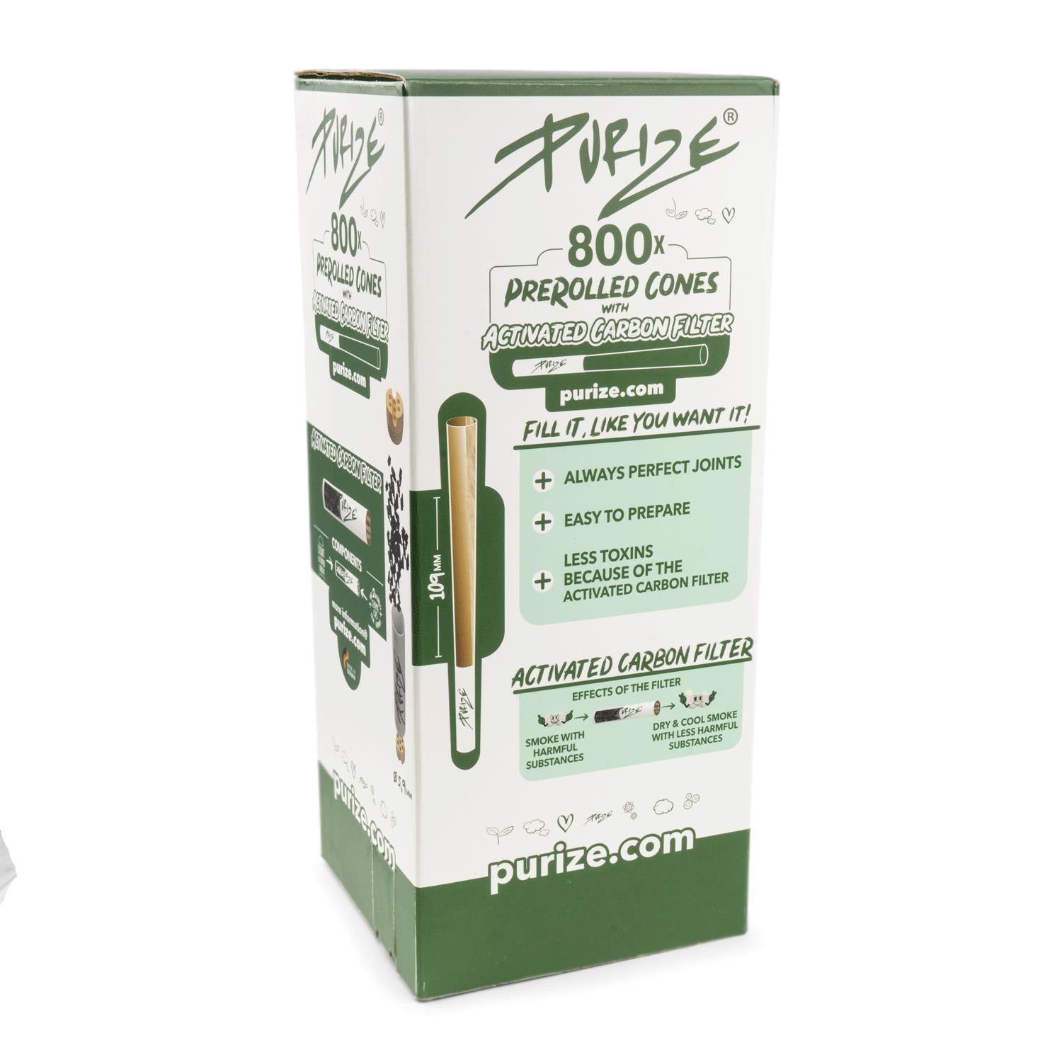 PURIZE 800x Prerolled Cones mit Aktivkohlefilter, Verpackung in Grün-Weiß mit Produktdetails, 109 mm Länge und PURIZE Logo